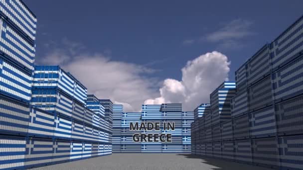 Many cargo containers with MADE IN GREECE text and national flags. Greek import or export related 3D animation — Stock Video