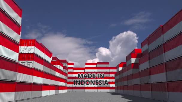 Sok rakománykonténer Made In Indonesia szöveggel és nemzeti zászlókkal. Indonéz importtal vagy exporttal kapcsolatos 3D animáció — Stock videók