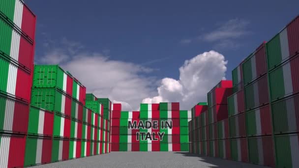 Tanti container con testo MADE IN ITALY e bandiere nazionali. Animazione 3D relativa all'importazione o esportazione italiana — Video Stock