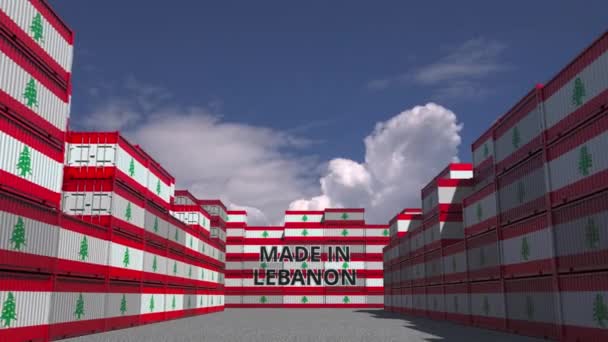 Containers met Made In Lebanon tekst en nationale vlaggen. Libanese 3d-animatie voor in- of uitvoer — Stockvideo