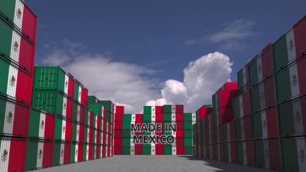 De nombreux conteneurs avec texte MADE IN MEXIQUE et drapeaux nationaux. Importation ou exportation mexicaine liée à l'animation 3D — Video