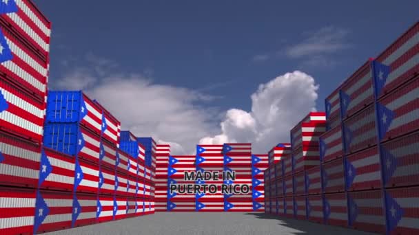 Εμπορευματοκιβώτια με Made In Puerto Rico κείμενο και εθνικές σημαίες. Εισαγωγή ή εξαγωγή 3d animation — Αρχείο Βίντεο