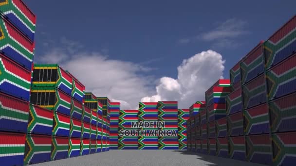 Containers with MADE IN SOUTH AFRICA text and national flags. Import or export related 3D animation — Stock Video