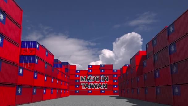 Containers with MADE IN TAIWAN text and national flags. Taiwanese import or export related 3D animation — Stockvideo