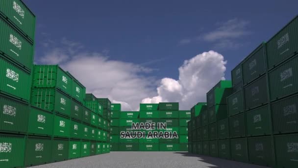 Cargo containers with MADE IN SAUDI ARABIA text and national flags. Import or export related 3D animation — Stock Video