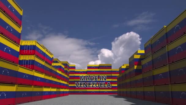 Veel containers met Made In Venezuela tekst en nationale vlaggen. Venezolaanse 3d-animatie voor in- of uitvoer — Stockvideo