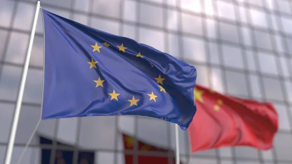 Fahnen der Europäischen Union eu und China vor einer modernen Hochhausfassade schwenken. 3D-Darstellung — Stockfoto
