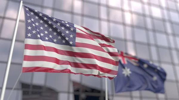 Ondeando banderas de los Estados Unidos y Australia frente a una moderna fachada de rascacielos. Renderizado 3D — Foto de Stock