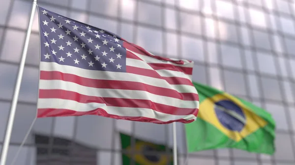 Acenando bandeiras dos Estados Unidos e do Brasil em frente a uma fachada moderna de arranha-céus, renderização 3D — Fotografia de Stock