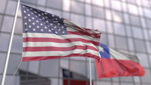 Waving flags of the United States and Chile in front of a modern skyscraper facade. 3D rendering — Stock Photo, Image