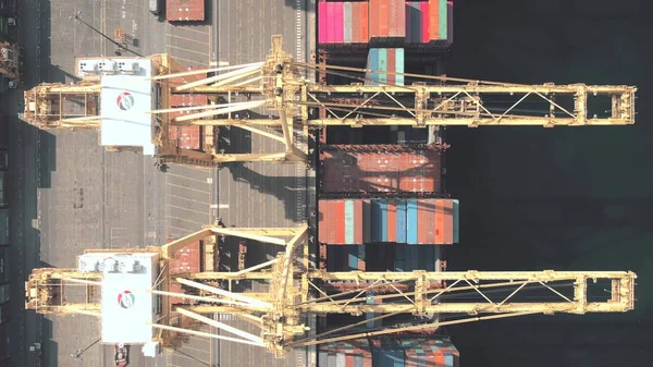 Dubaj, Zjednoczone Emiraty Arabskie - 29 grudnia 2019. Strzał z góry w dół dźwigów portowych kontenerowych załadunku i rozładunku statku towarowego — Zdjęcie stockowe