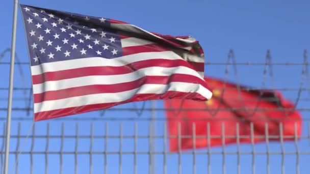 Waving flags of the USA and China separated by barbed wire fence. Conflict related loopable conceptual 3D animation — 비디오