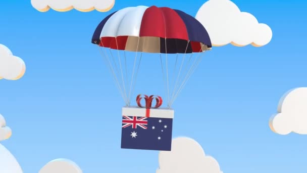 Doos met nationale vlag van Australië valt met een parachute. Loopbare conceptuele 3D-animatie — Stockvideo