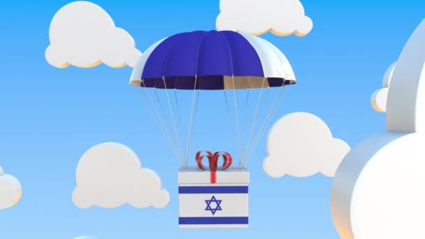 Kartong med Israels flagga faller med en fallskärm. Loopable konceptuell 3D-animation — Stockvideo