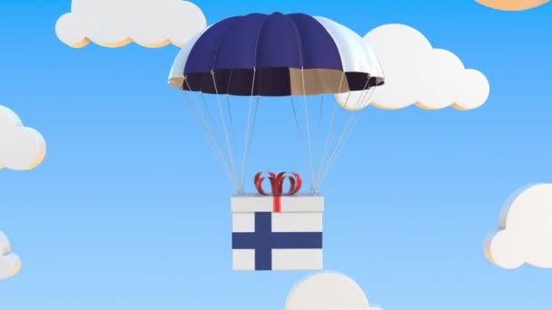 Fält med Finlands nationella flagga förses med fallskärm. Loopable konceptuell 3D-animation — Stockvideo