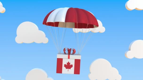 Fält med Kanadas nationella flagga faller med en fallskärm. Loopable konceptuell 3D-animation — Stockvideo