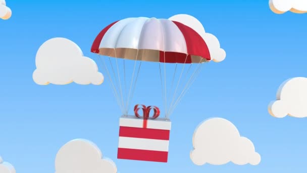 Box with national flag of Austria falls with a parachute. Loopable conceptual 3D animation — Stock Video