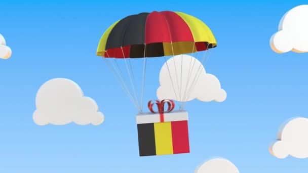 Doos met nationale vlag van België valt met een parachute. Loopbare conceptuele 3D-animatie — Stockvideo