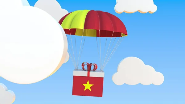Kasten mit vietnamesischer Nationalflagge fällt mit einem Fallschirm. 3D-Darstellung — Stockfoto