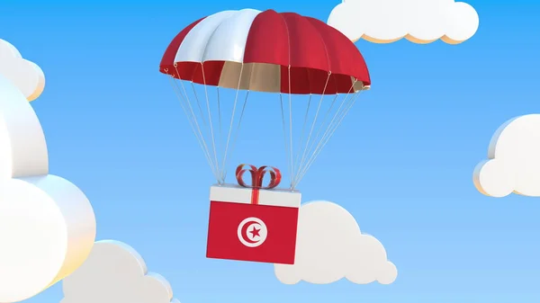 Karton mit Thunfischfahne fällt mit Fallschirm. 3D-Darstellung — Stockfoto
