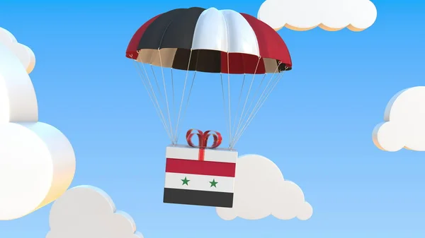 Carton with flag of Syria falls with a parachute. 3D rendering — 스톡 사진