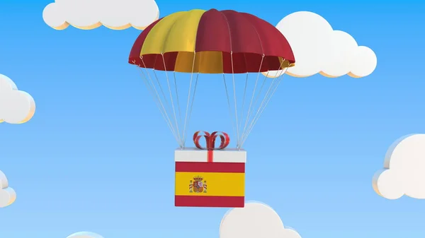 スペインの国旗のカートンはパラシュートで落下する。3Dレンダリング — ストック写真