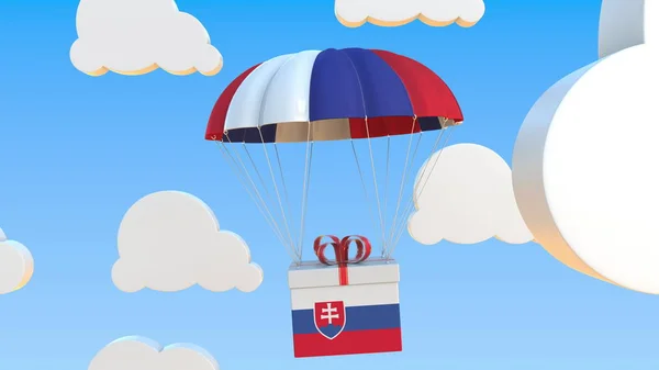 Картон з прапором Словаччини падає з парашутом. 3d рендеринг — стокове фото