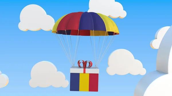 Romanya bayrağı taşıyan bir kutu paraşütle düşüyor. 3d oluşturma — Stok fotoğraf