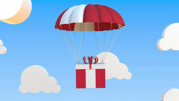 Boîte avec drapeau national du Pérou tombe avec un parachute. rendu 3D — Photo