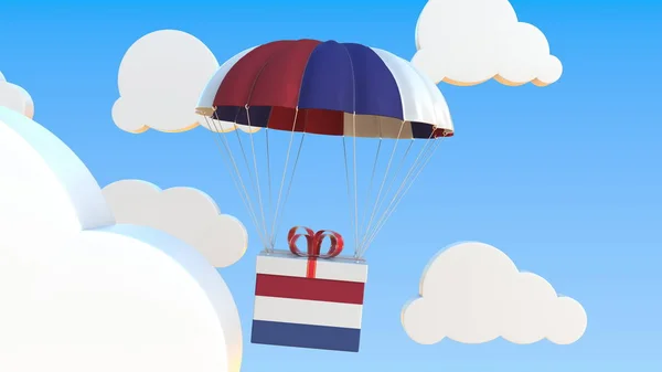 Carton with flag of the Netherlands falls with a parachute. 3D rendering — 스톡 사진