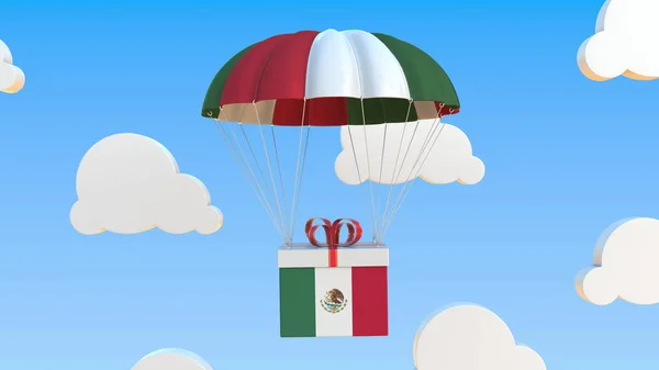 Κουτί με σημαία του Μεξικού πέφτει με αλεξίπτωτο. 3d απόδοση — Φωτογραφία Αρχείου
