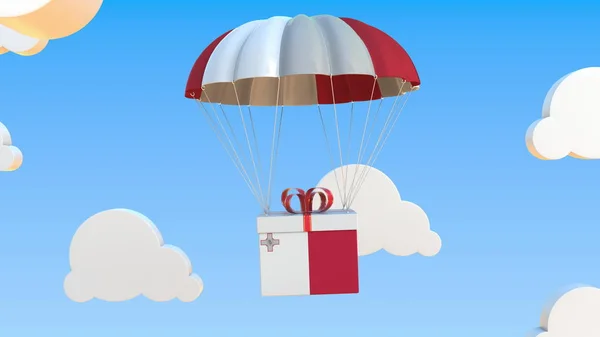 Karton mit Maltafahne fällt mit Fallschirm. 3D-Darstellung — Stockfoto