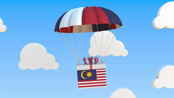 Carton with flag of Malaysia falls with a parachute. 3D rendering — 스톡 사진