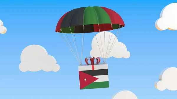 Carton with flag of Jordan falls with a parachute. 3D rendering — Stock Photo, Image