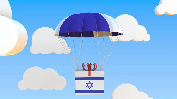 Karton z flagą Izraela spada ze spadochronem. 3d renderowanie — Zdjęcie stockowe