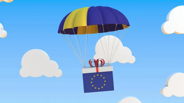 Box with national flag of the European Union falls with a parachute. 3D rendering — 스톡 사진