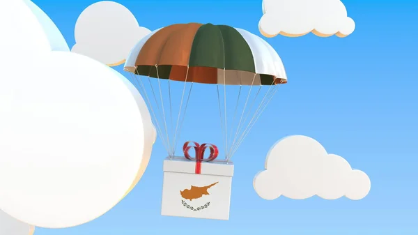 Kasten mit der Nationalflagge Zyperns fällt mit einem Fallschirm. 3D-Darstellung — Stockfoto