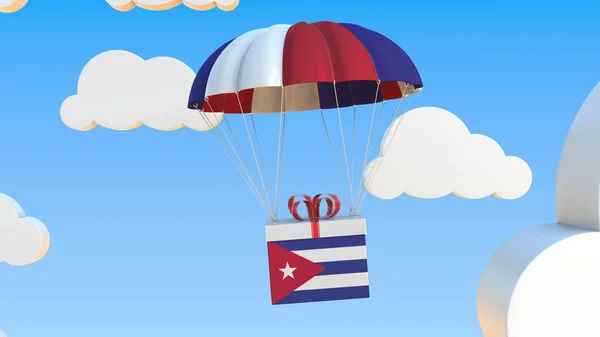 Caja con bandera nacional de Cuba cae con un paracaídas. Renderizado 3D — Foto de Stock