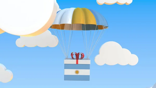 Box with national flag of Argentina falls with a parachute. 3D rendering — 스톡 사진