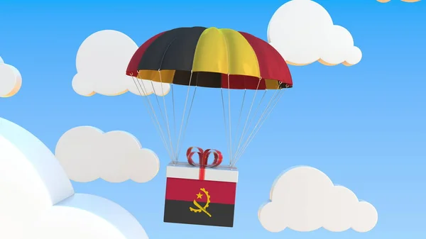Box with national flag of Angola falls with a parachute. 3D rendering — 스톡 사진