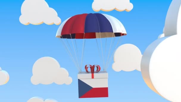 Box with national flag of the Czech Republic falls with a parachute. Loopable conceptual 3D animation — 비디오