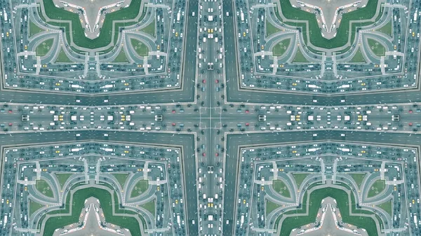 Vista aérea de arriba hacia abajo de un atasco de tráfico urbano, efecto caleidoscópico artístico — Foto de Stock