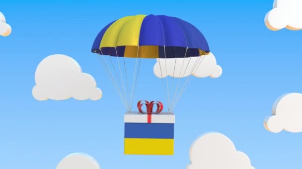 Karton mit ukrainischer Flagge stürzt mit Fallschirm ab. Schlupflöcher konzeptionelle 3D-Animation — Stockvideo
