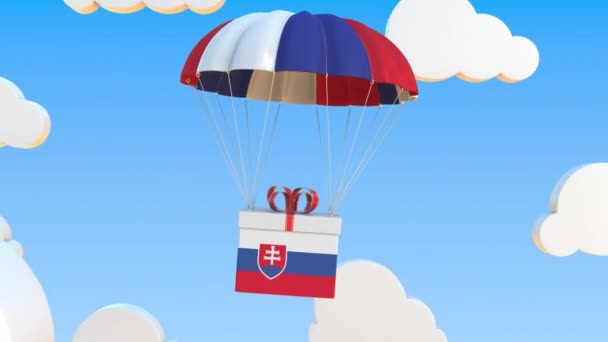 Karton mit slowakischer Flagge fällt mit Fallschirm. Schlupflöcher konzeptionelle 3D-Animation — Stockvideo
