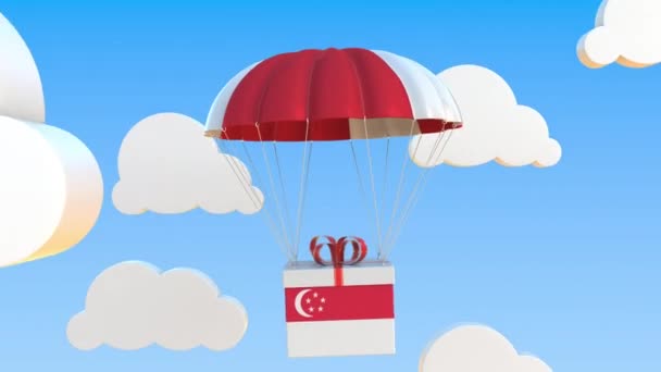 Cartón con bandera de Singapur cae con un paracaídas. Animación 3D conceptual Loopable — Vídeo de stock