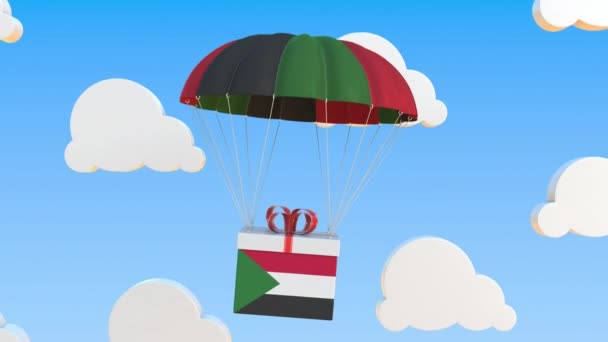 Karton mit Sudan-Fahne stürzt mit Fallschirm ab. Schlupflöcher konzeptionelle 3D-Animation — Stockvideo