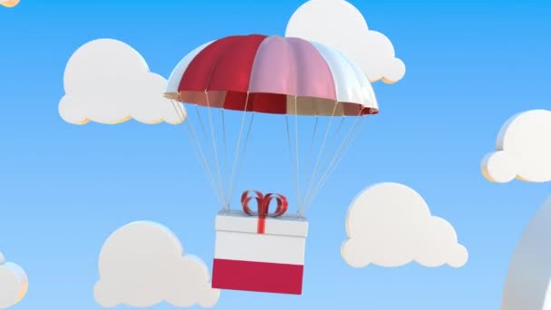 Kasten mit der Nationalflagge Polens fällt mit einem Fallschirm. Schlupflöcher konzeptionelle 3D-Animation — Stockvideo