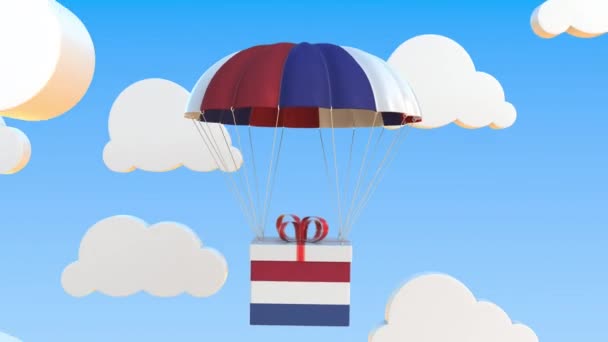 Kartonnen doos met Nederlandse vlag valt met een parachute. Loopbare conceptuele 3D-animatie — Stockvideo