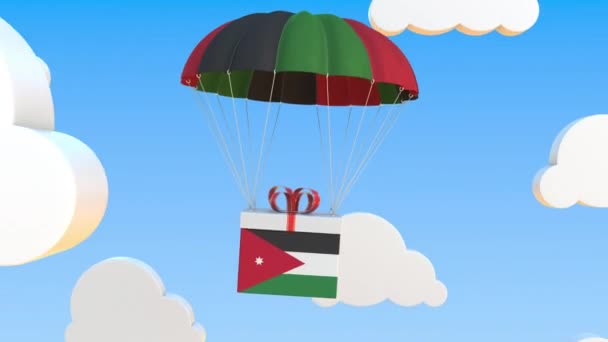 Carton avec drapeau de Jordanie tombe avec un parachute. Animation 3D conceptuelle bouclable — Video