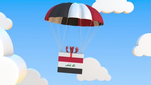 Karton mit irakischer Flagge stürzt mit Fallschirm ab. Schlupflöcher konzeptionelle 3D-Animation — Stockvideo